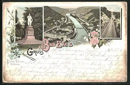 Vorläufer-Lithographie Bad Ems, 1895, Kaiser Wilhelm-Denkmal, Malbergbahn