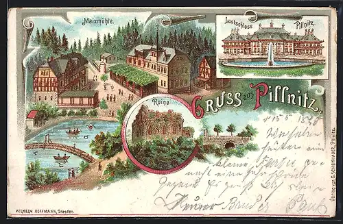Lithographie Dresden-Pillnitz, Gasthaus Maixmühle, Lustschloss, Ruine