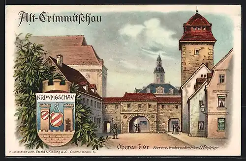 Lithographie Alt-Crimmitschau, Stadtrechtsfeier 1914, Oberes Tor und Wappen