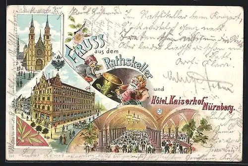 Lithographie Nürnberg, Hotel Kaiserhof, St. Lorenz-Kirche, Rathskeller