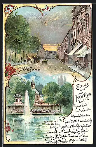 Lithographie Fürth /Bayern, Anlage am Ludwigsbahnhof, Fontäne im Stadtpark
