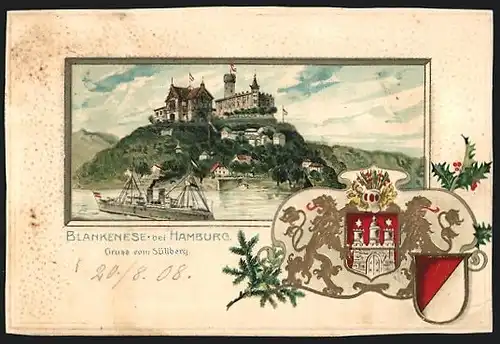 Passepartout-Lithographie Hamburg-Altona, Süllberg, Wappen
