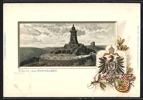 Passepartout-Lithographie Kyffhäuser, Kaiser-Wilhelm-Denkmal, Wappen