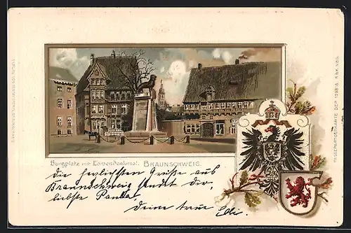 Passepartout-Lithographie Braunschweig, Burgplatz mit Löwendenkmal, Wappen