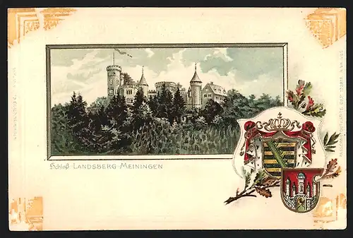 Passepartout-Lithographie Meiningen, Ansicht vom Schloss Landsberg, Wappen