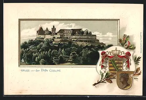 Passepartout-Lithographie Coburg, Blick auf die Feste Coburg, Wappen