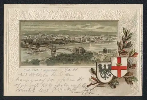Passepartout-Lithographie Koblenz, Totalansicht, Wappen