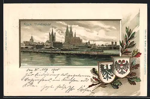 Passepartout-Lithographie Köln, Totalansicht des Ortes, Wappen, Adler