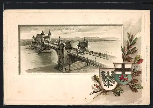 Passepartout-Lithographie Bonn, Blick auf die neue Rheinbrücke