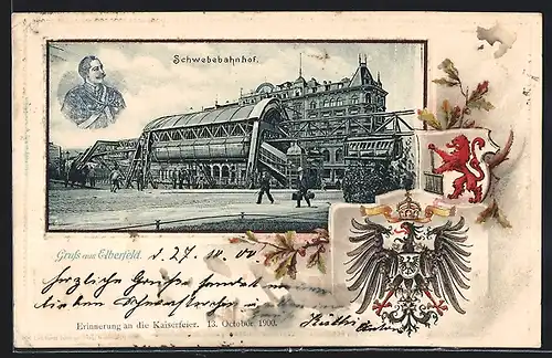 Passepartout-Lithographie Elberfeld, Partie am Schwebebahnhof, Wappen