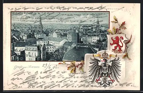 Passepartout-Lithographie Barmen, Totalansicht der Stadt, Wappen