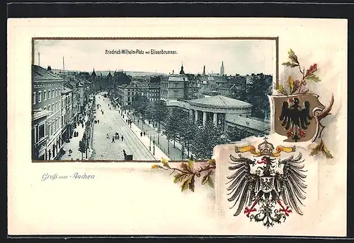 Passepartout-Lithographie Aachen, Friedrich-Wilhelm-Platz mit Elisenbrunnen, Wappen