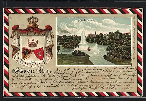 Passepartout-Lithographie Essen, Stadtgarten, Wappen