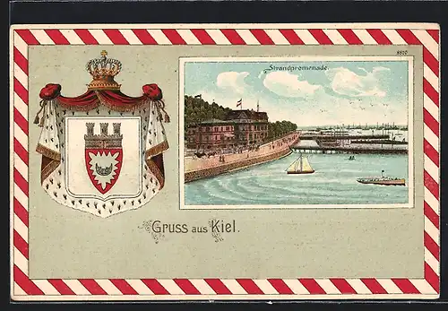 Passepartout-Lithographie Kiel, Strandpromenade, Wappen der Stadt
