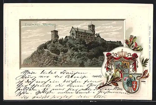 Passepartout-Lithographie Eisenach, Blick auf die Wartburg mit Wappen