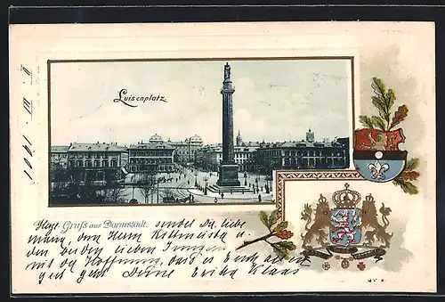 Passepartout-Lithographie Darmstadt, Der Luisenplatz aus der Vogelschau, Wappen