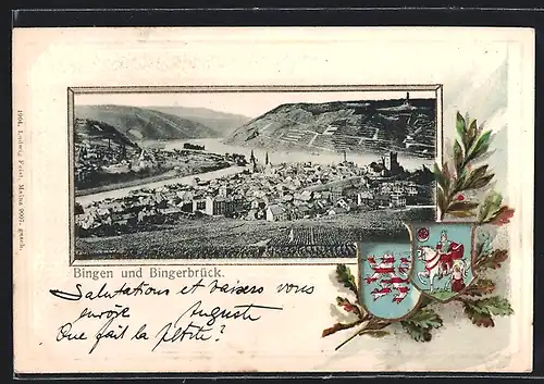 Passepartout-Lithographie Bingen, Stadtansicht mit Bingerbrück, Wappen