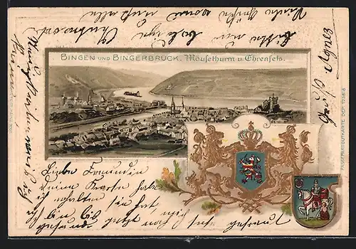Passepartout-Lithographie Bingen, Mäusethurm und Ehrenfels, Wappen