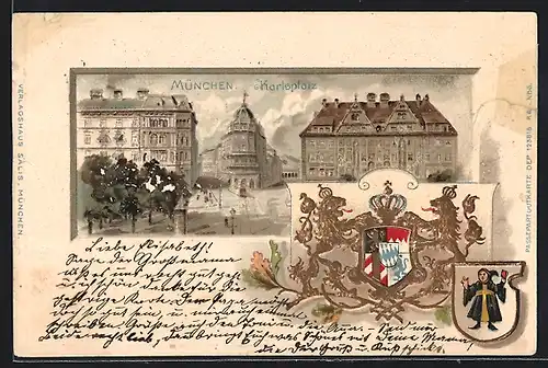 Lithographie München, Karlsplatz, Wappen, Münchner Kindl