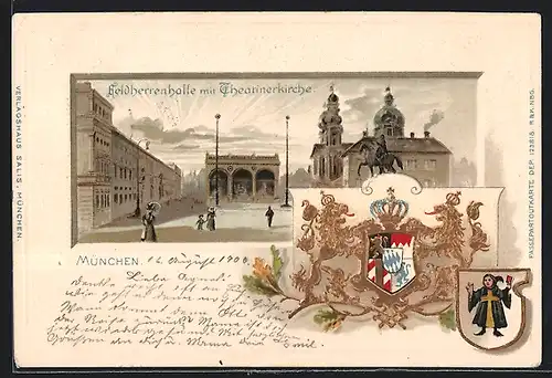 Passepartout-Lithographie München, Feldherrenhalle mit Theatinerkirche, geprägtes Wappen