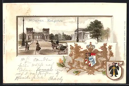 Passepartout-Lithographie München, Strassenpartie am Königsplatz, Wappen mit Münchner Kindl