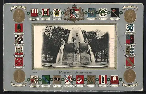 AK München, Blick auf den Nornenbrunnen, Wappen