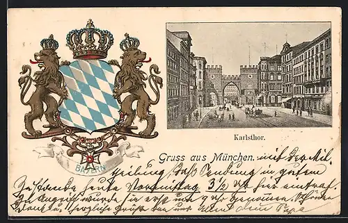 AK München, Partie am Karlsthor, Bayrisches Wappen