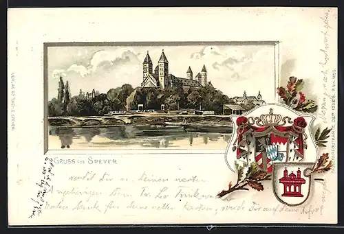 Passepartout-Lithographie Speyer, Blick auf das Schloss, Wappen
