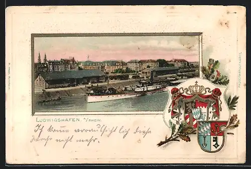Passepartout-Lithographie Ludwigshafen, Dampfer auf dem Rhein, Wappen