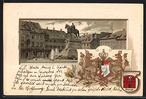 Passepartout-Lithographie Landau, Denkmal am Max Joseph Platz mit Wappen