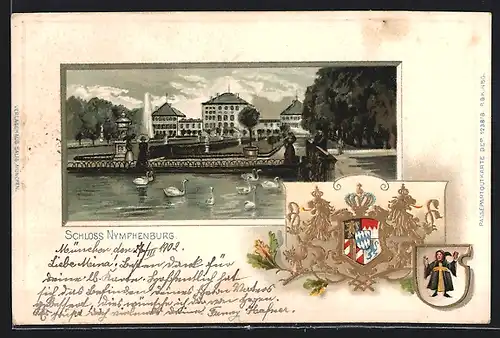 Lithographie München-Nymphenburg, Partie am Schloss, Wappen