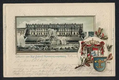 Passepartout-Lithographie Herrenchiemsee, Blick auf das Königliche Schloss, Wappen