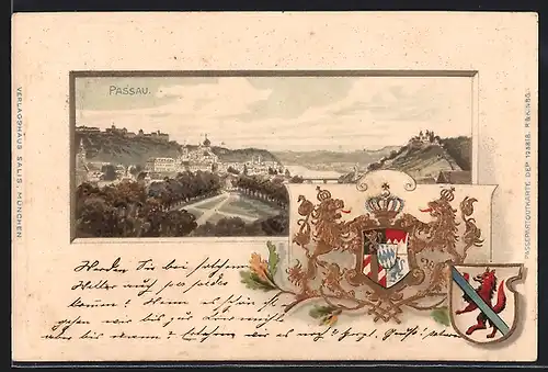 Passepartout-Lithographie Passau, Ortsansicht aus der Ferne, Wappen