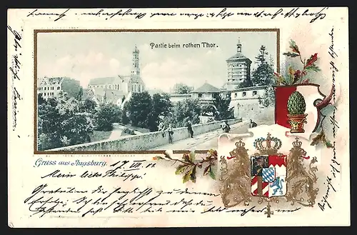 Passepartout-Lithographie Augsburg, Partie beim roten Tor, Wappen