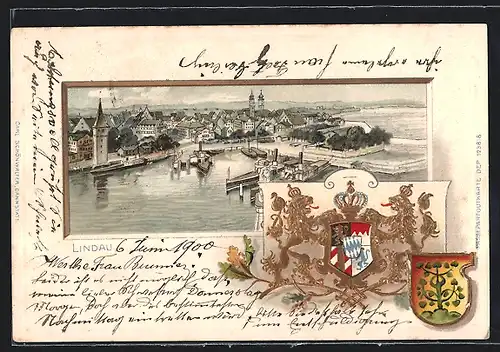 Passepartout-Lithographie Lindau, Teilansicht, Wappen