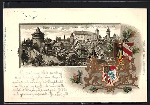 Passepartout-Lithographie Nürnberg, Panorama vom Hallertor mit Wappen