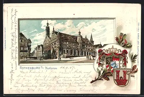 Passepartout-Lithographie Rothenburg o. T., Ortspartie am Rathaus, Wappen
