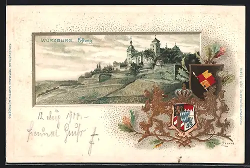 Passepartout-Lithographie Würzburg, Ansicht der Festung, Wappen