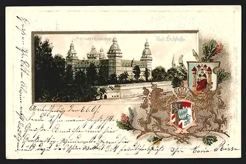 Passepartout-Lithographie Aschaffenburg, Kgl. Schloss, Wappen