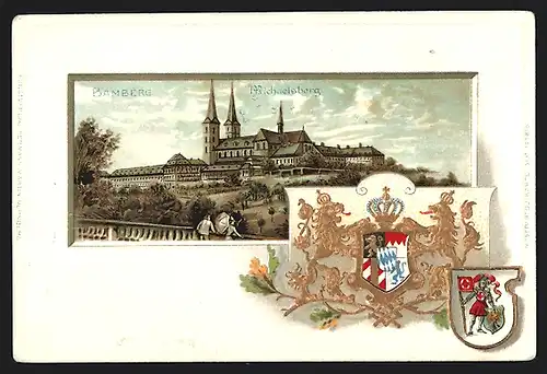 Passepartout-Lithographie Bamberg, Panorama mit Michaelsberg, Wappen