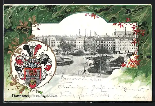 Passepartout-Lithographie Hannover, Der Ernst-August-Platz und Wappen