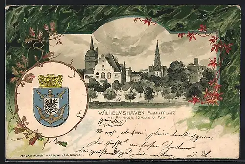 Passepartout-Lithographie Wilhelmshaven, Jadefenster, Marktplatz m. Rathaus, & Post