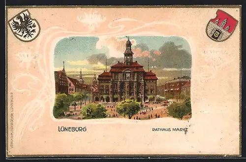 Passepartout-Lithographie Lüneburg, Rathaus Markt und Wappen