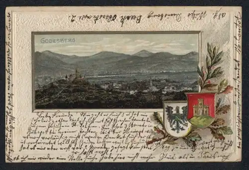 Passepartout-Lithographie Godesberg, Ortsansicht aus der Vogelschau, Wappen