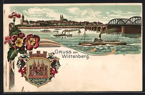 Passepartout-Lithographie Wittenberg, Flusspartie mit Dampfern und Stadtansicht, Wappen