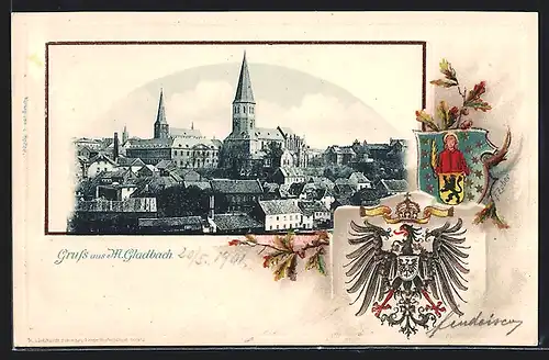 Passepartout-Lithographie M. Gladbach, Ortsansicht, Wappen
