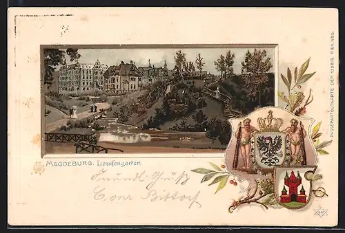 Passepartout-Lithographie Magdeburg, Partie im Luisengarten, Wappen