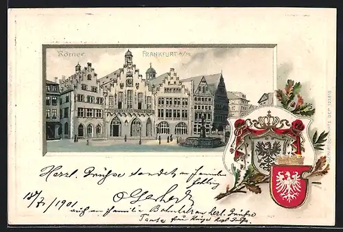 Passepartout-Lithographie Alt-Frankfurt, Römer mit Brunnen, Wappen