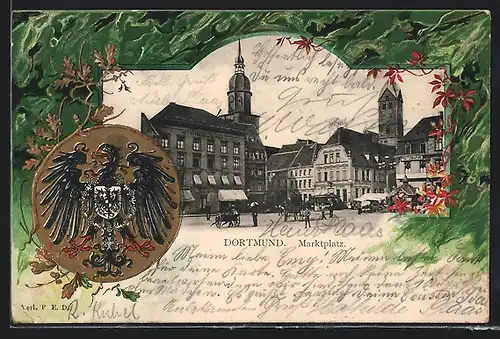 Passepartout-Lithographie Dortmund, Partie am Marktplatz, Wappen