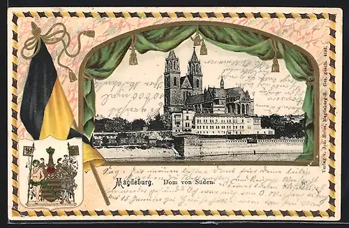 Passepartout-Lithographie Magdeburg, Der Dom von Süden, Wappen und Flagge